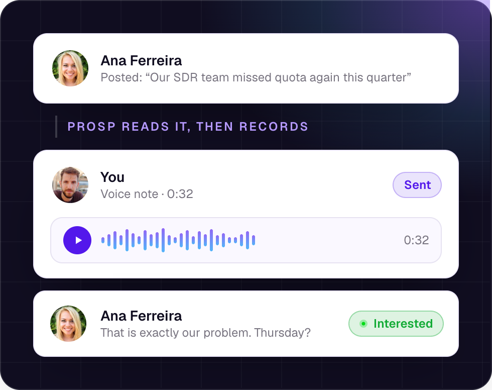 Ana Ferreira posts about her SDR team missing quota; Prosp records a voice note in the client’s voice; she replies asking to talk