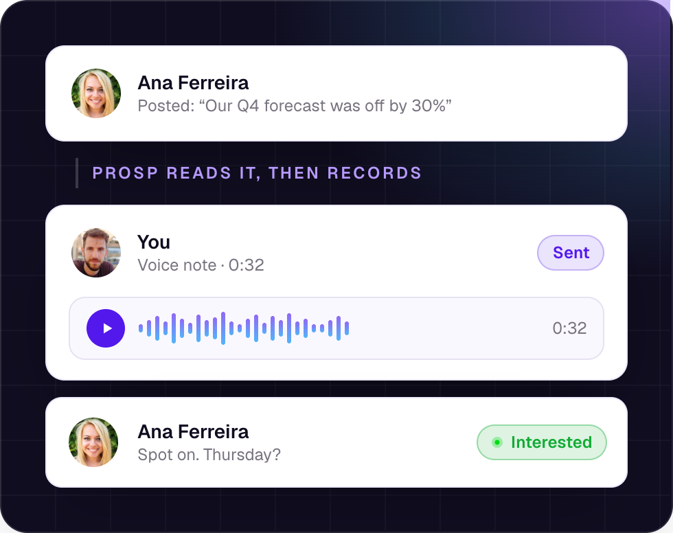 Ana Ferreira posts about a forecast miss; Prosp records a voice note in your voice; she replies asking for a call