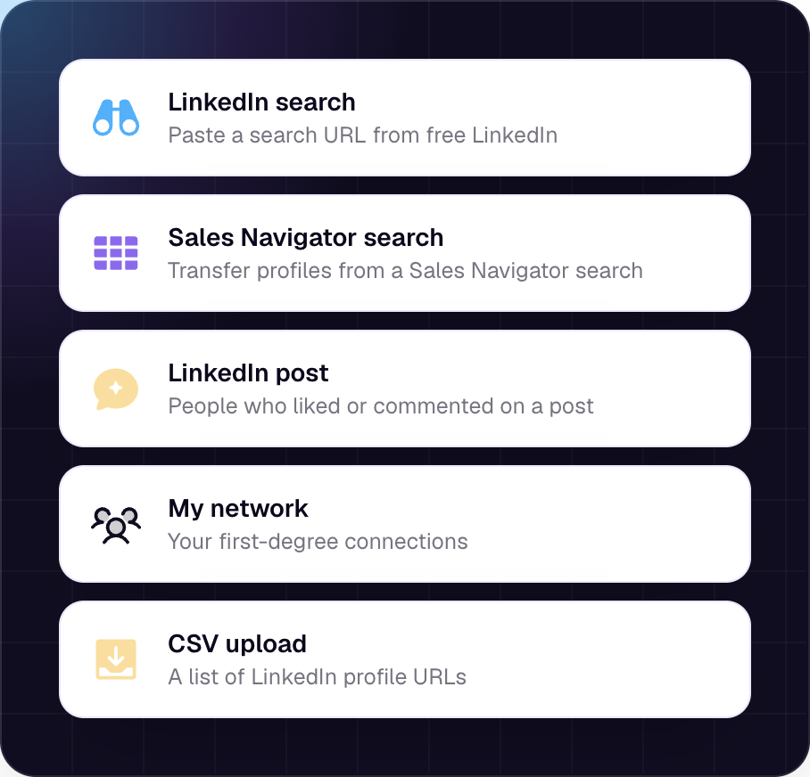 Lead sources: LinkedIn search, Sales Navigator, LinkedIn post, My network, CSV upload