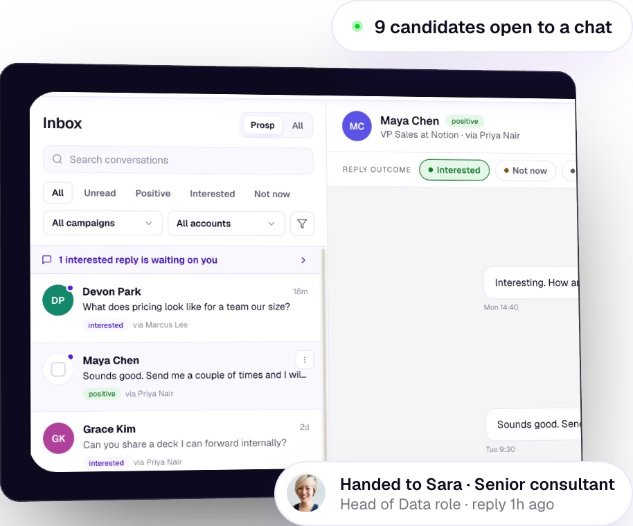 Unified Inbox: nine candidates open to a chat, one handed to Sara, senior consultant