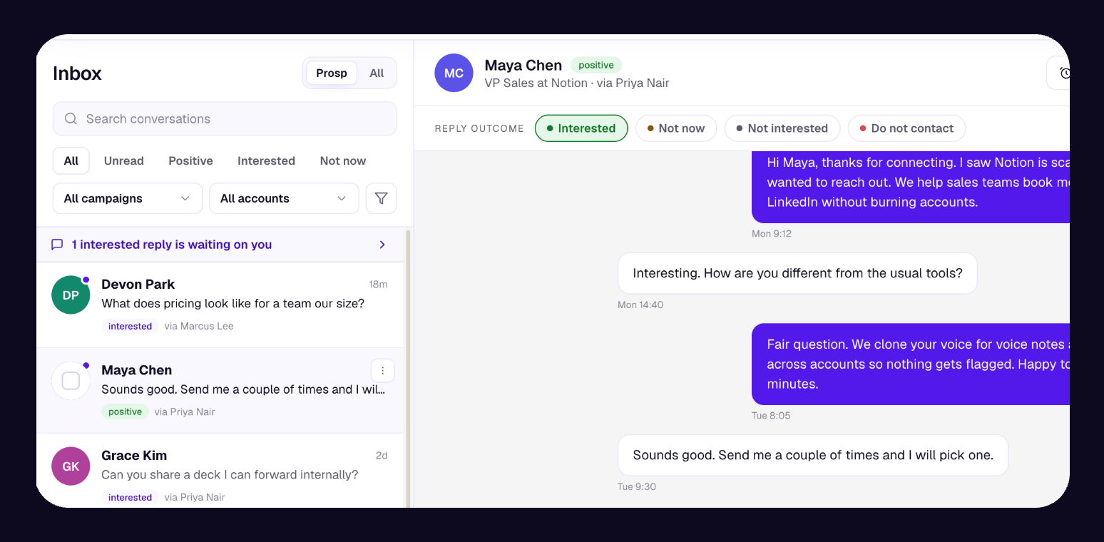 Unified inbox with replies from several client accounts, each tagged by client and sender